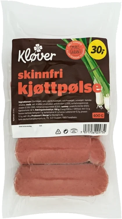 KJØTTPØLSE SKINNFRI 400 g Kløver