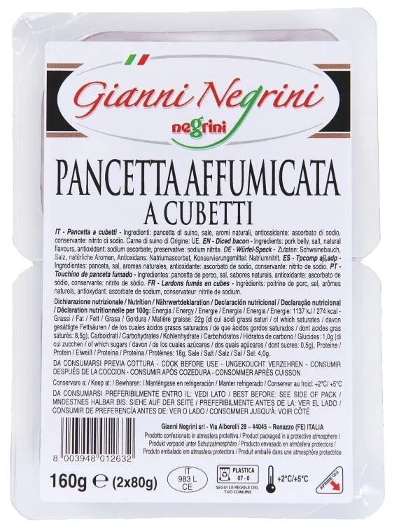 Pancetta Cubetti Røkt Bacon 2x80g Negrini