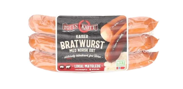 Kaiser Bratwürst med Ost 230g Toten Kjøtt