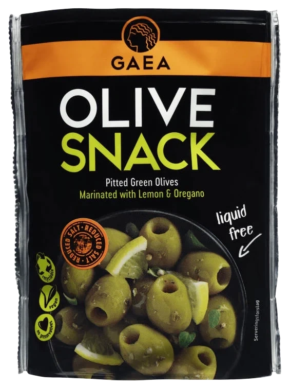 Oliven Grønne Oregano&Sitron Snack pakke 65g Gaea