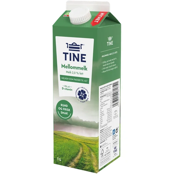Tine Mellommelk 2% 1 Liter