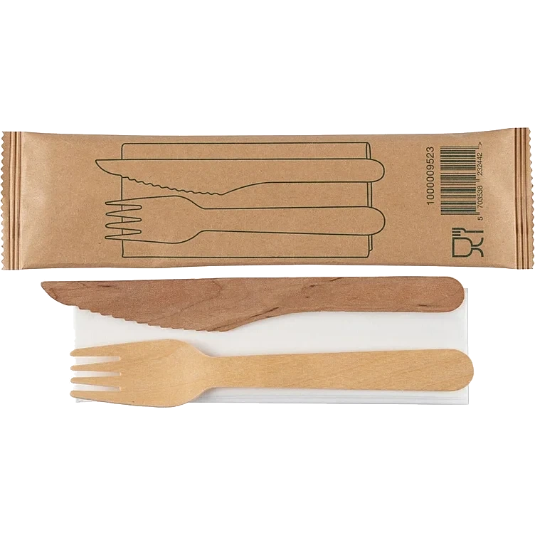 Bestikksett 160mm Brun Bjørketre med Kniv Gaffel og Serviett