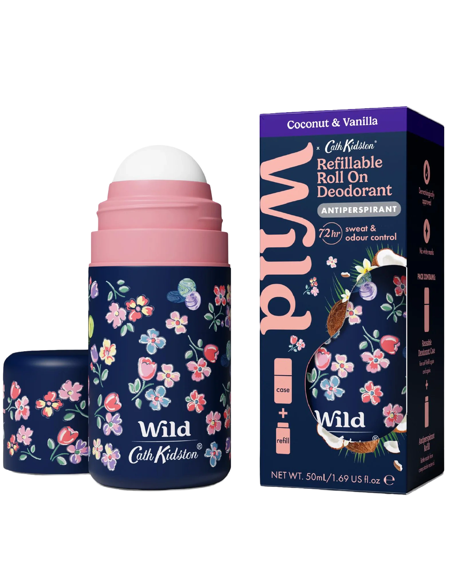 Wild Roll On Antiperspirant Marble Case Coconut  & Vanilla Startpakke, 50 ml