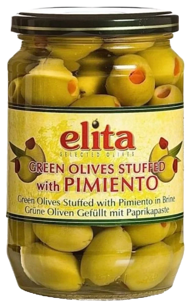 Elita grønn oliven m/paprika glass