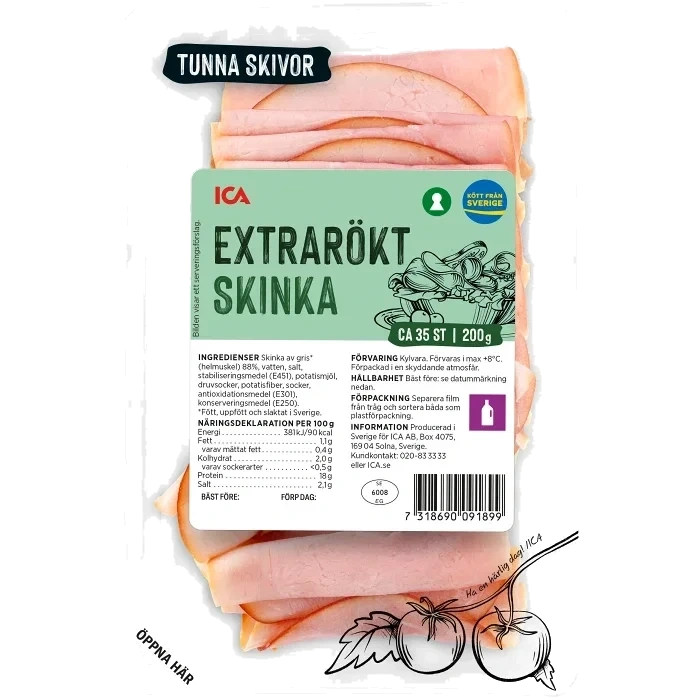Skinka Extrarökt Tunna Skivor 200g ICA