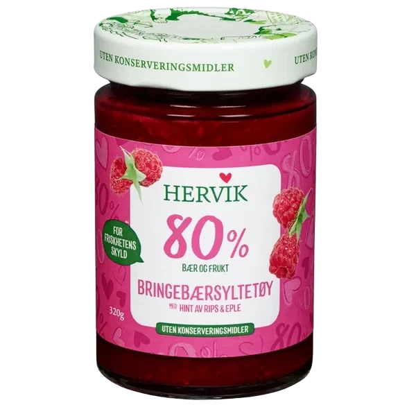 Bringebærsyltetøy 80% Frukt 320g Hervik