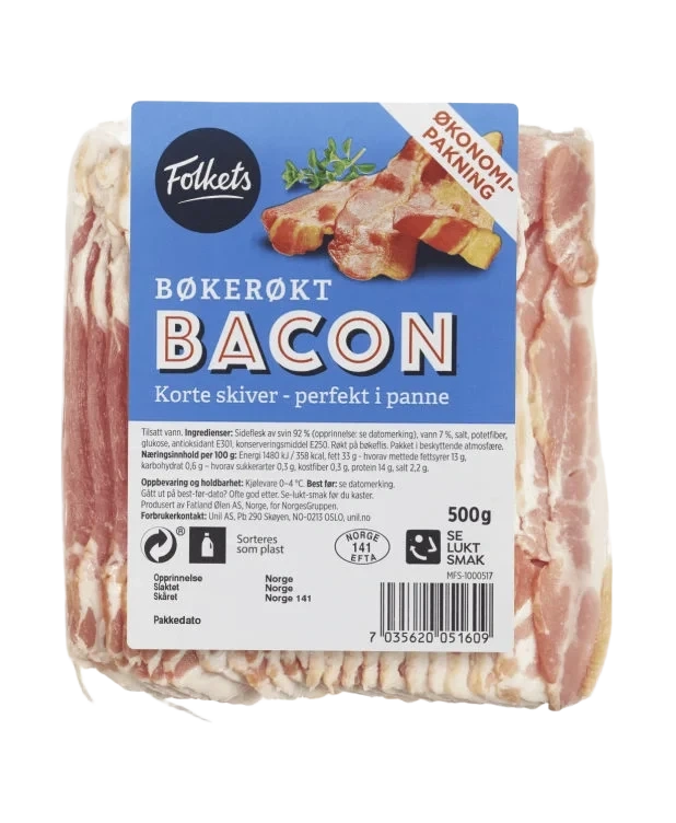 Bacon i skiver u/svor 500g Folkets