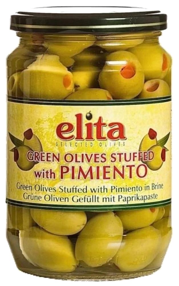 Elita grønn oliven m/paprika glass