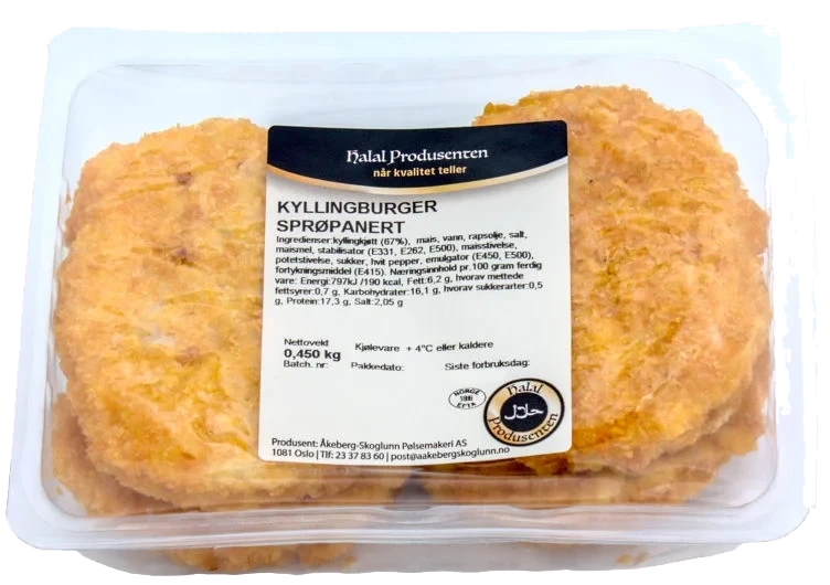 HALALPRODUSENTEN Kyllingburger Sprøpanert 450g
