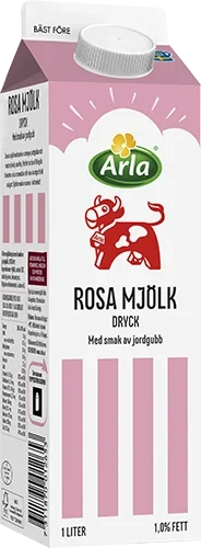 Rosa mjölkdryck med smak av jordgubb