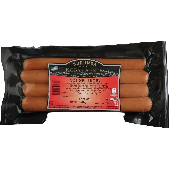 Grillkorv Nöt 63% Kötthalt 480g Sorunda Korvfabrik