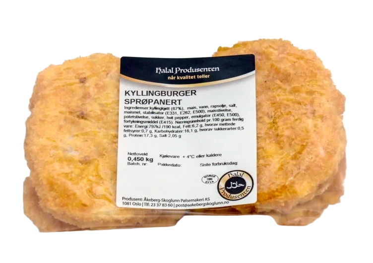 HALALPRODUSENTEN Kyllingburger Sprøpanert 450g