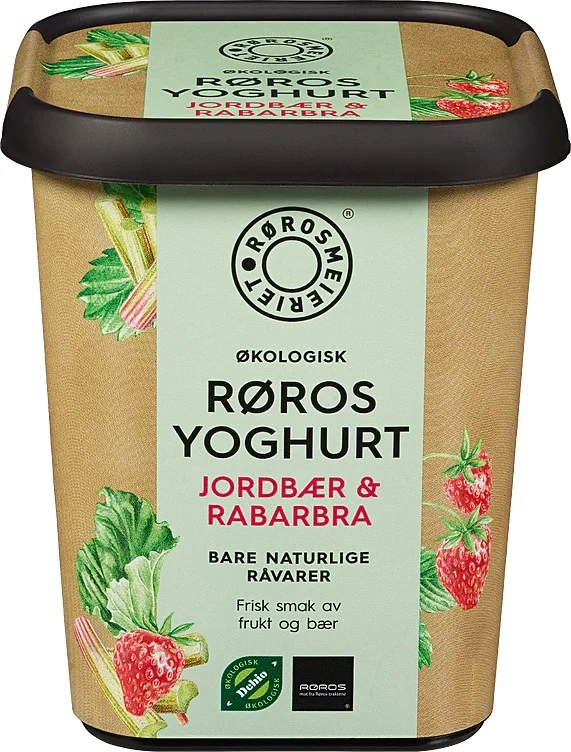 Røros yoghurt jordbær og rabarbra beger, økol. 500g