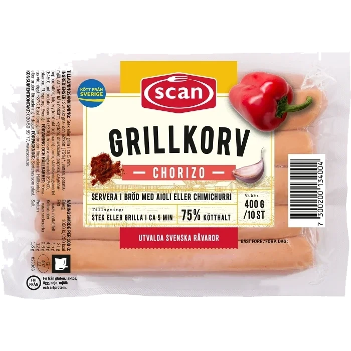 Grillkorv Chorizo 75% Kötthalt 400g Scan