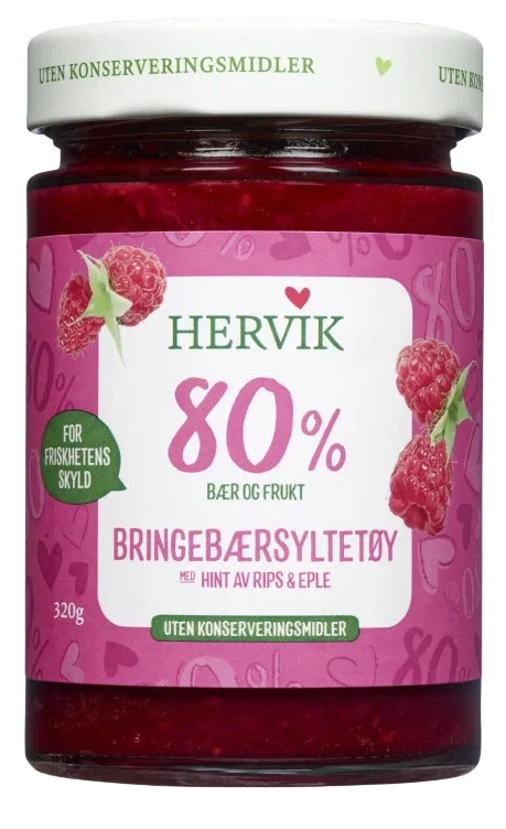 Bringebærsyltetøy 80% Frukt 320g Hervik