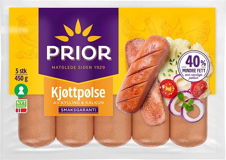 Prior Kjøttpølse Røkt Kylling&kalkun Sk.fri 450g