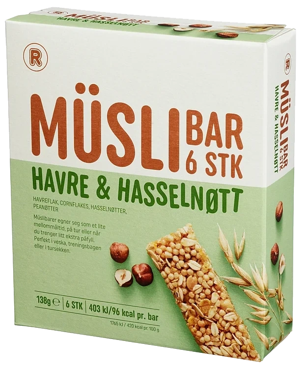 Müslibar hasselnøtt og havre 6x23g