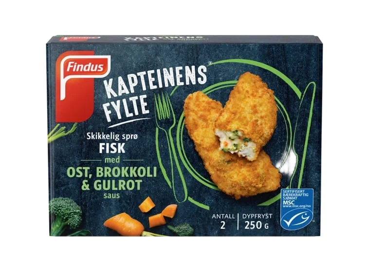 Kapteinens Fylte™ Skikkelig Sprø Fisk med Ost Brokkoli & Gulrot Saus