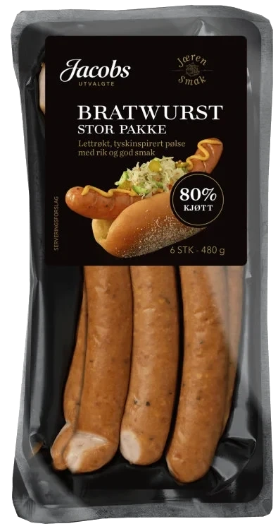 Bratwurst 80% 480g/A.Idsøe/ Jacobs Utvalgte
