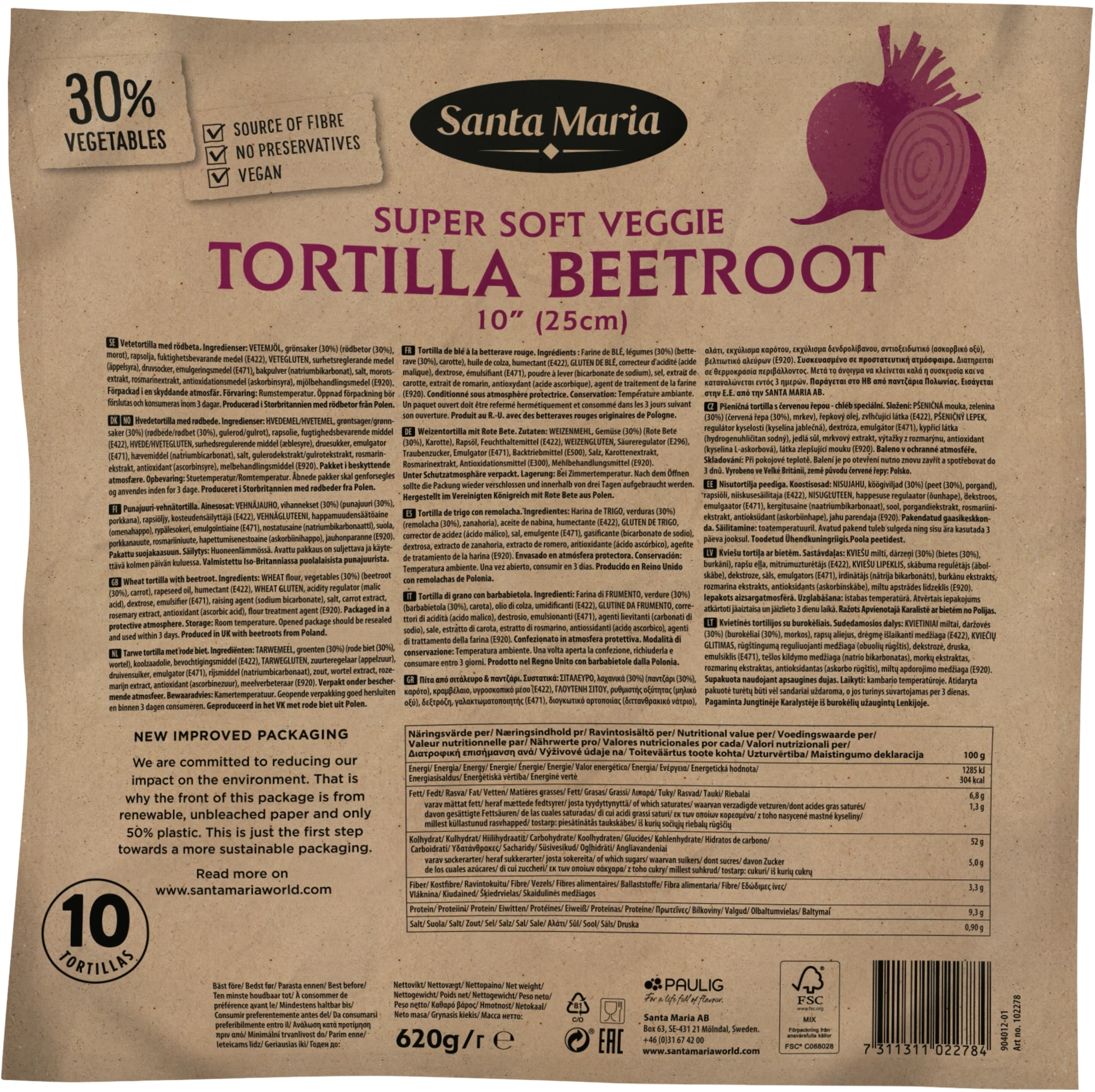 Tortilla Beetroot 10"/25 Cm 620g Santa Maria