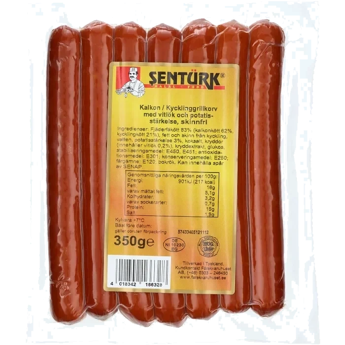 Kalkon Kycklinggrillkorv med vitlök skinnfri 350g Sentürk