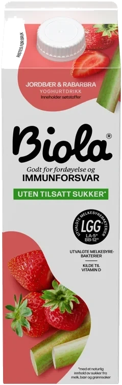 Biola jordbær/rabarbra uten  1000g