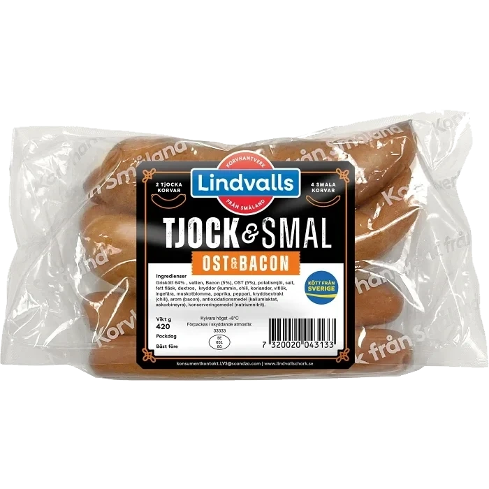 Grillkorv Ost & Bacon 2 Tjocka & 4 Smala 420g Lindvalls