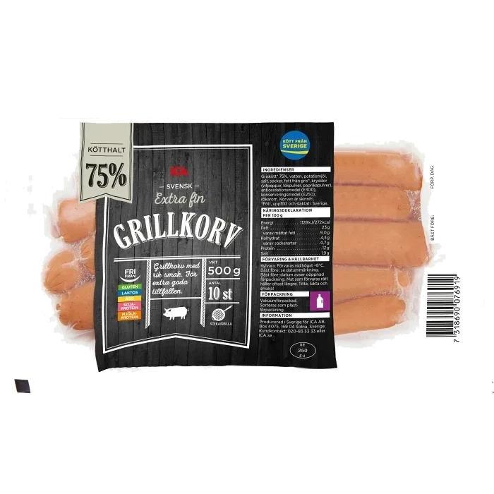 Grillkorv Extra fin 75% Kötthalt 500g ICA