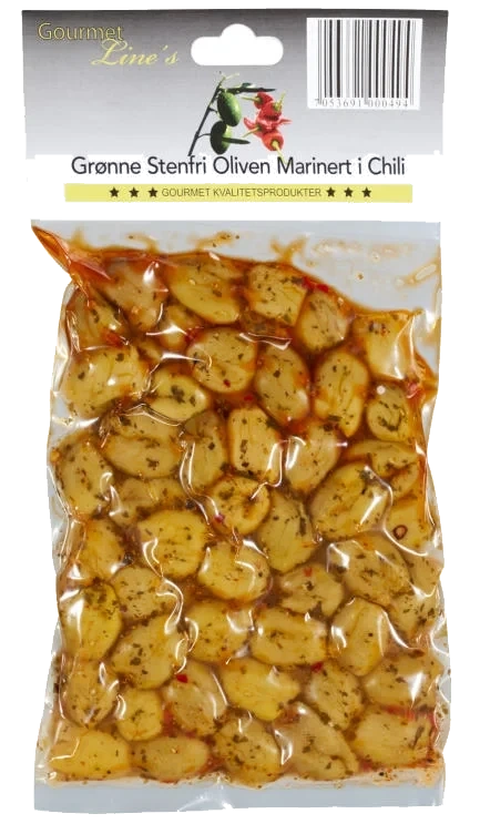 Oliven Grønn m/Chili 250g Gourmet Line
