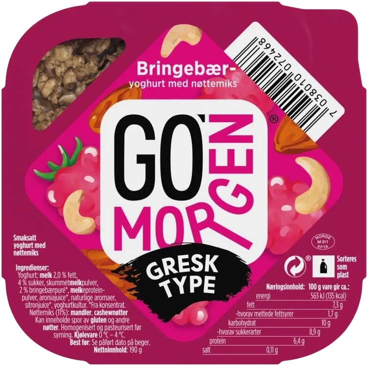 Go'Morgen Yoghurt Bringebær&Nøtter 190g Tine
