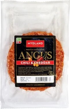 Angusburger med Chili & Cheddar 165g Fersk Mydland