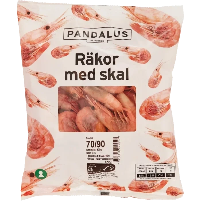 Räkor med skal 70/90 Fryst 500g Pandalus