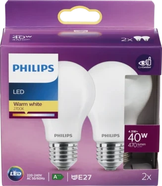 Led Classic 40w E27 Normal Frostet Varmhvit Lys 2pk Philips