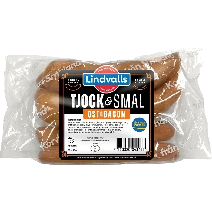 Grillkorv Ost & Bacon 2 Tjocka & 4 Smala 420g Lindvalls