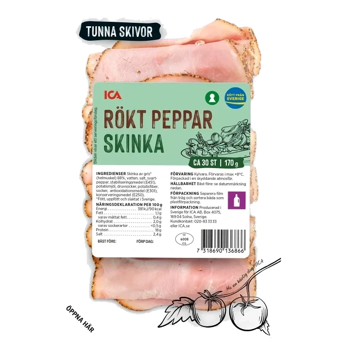 Skinka Rökt Peppar Tunna Skivor 170g ICA