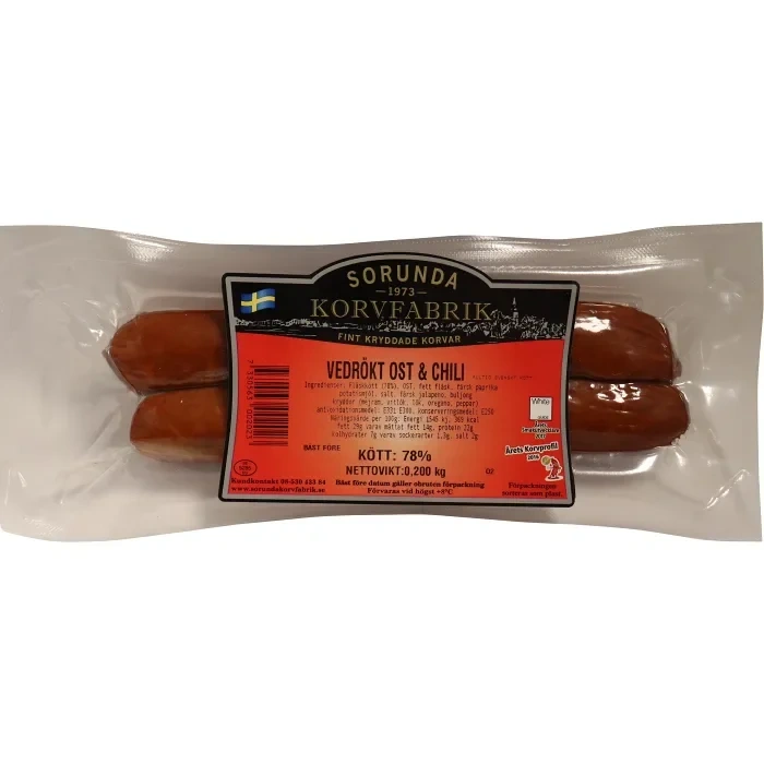 Grillkorv Vedrökt Ost & Chili 200g 78% Kötthalt Sorunda Korvfabrik