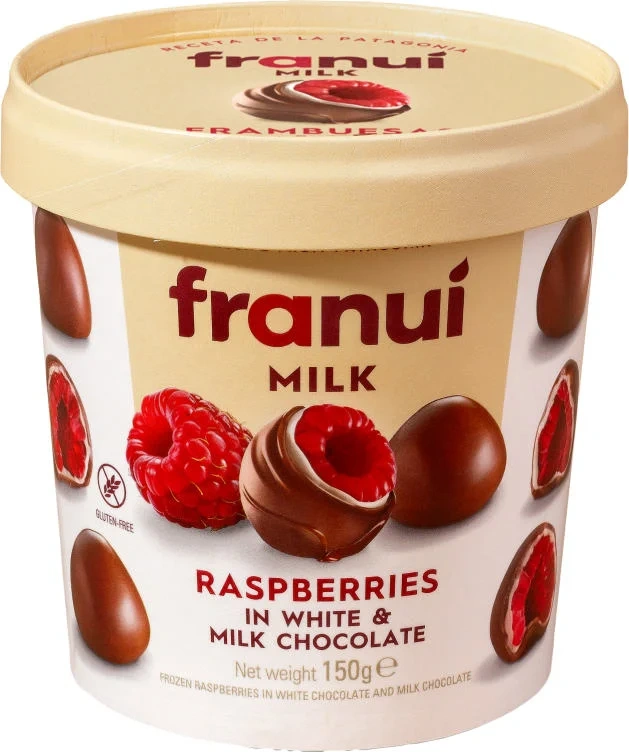 Frosne Bringebær Melkesjokolade 150g Franui