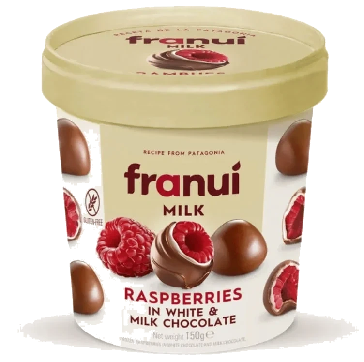 Frosne Bringebær Melkesjokolade 150g Franui