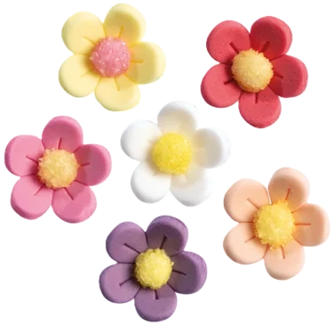 Sukkerpynt Små blomster gul/rosa mix 21mm, 120 stk