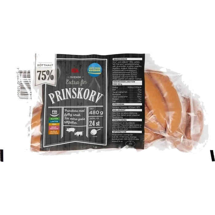 Prinskorv Extra fin 75% Kötthalt 480g ICA