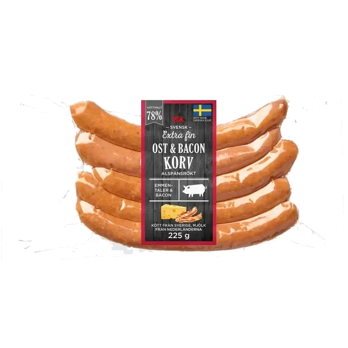 Grillkorv Ost och Bacon Extra Fin 78% Kötthalt 225g ICA
