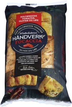 Focaccia m/ Løk Oliven og Soltørket Tomat 430 g Mesterbakeren