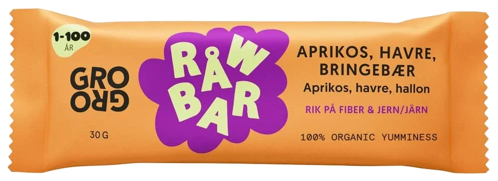 Råwbar Aprikos Havre Bringebær 20x30g Grogro
