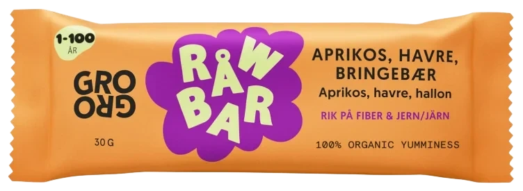 Råwbar Aprikos Havre Bringebær 30g Grogro