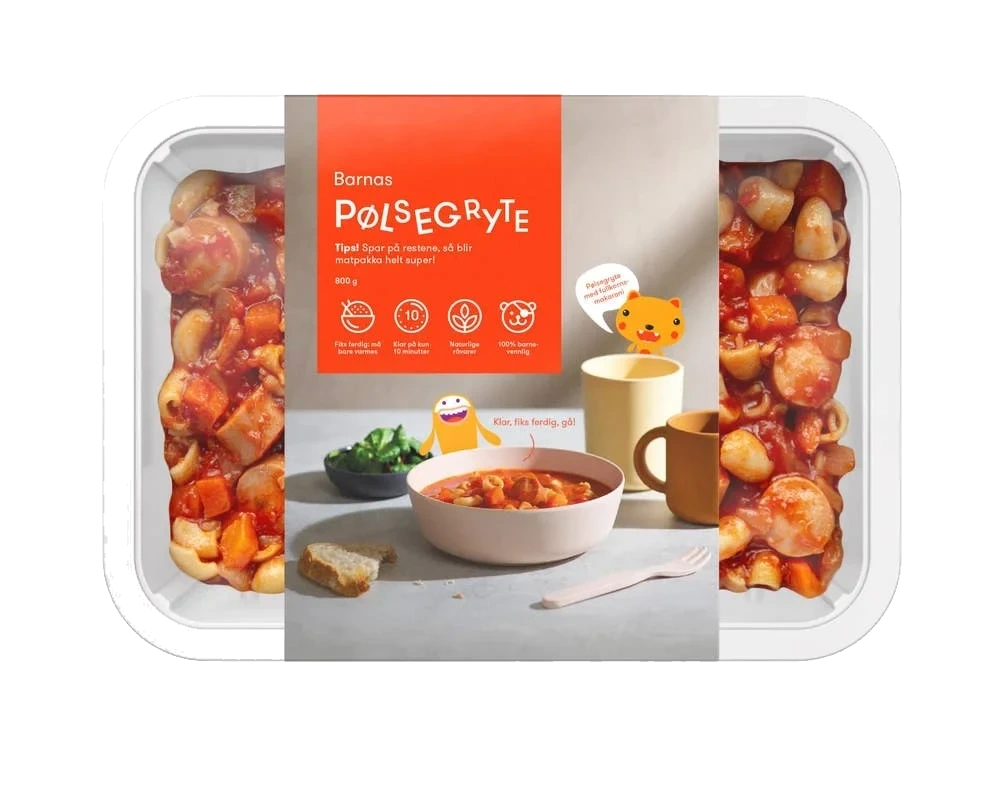 Barnas pølsegryte i tomatsaus med fullkornsmakaroni