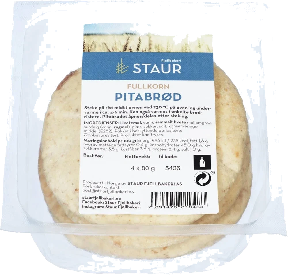 Pitabrød Fullkorn ca 15 cm, 4 stk
