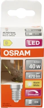 Lyspære Led Cl P 40 Klar Dim 827 E14 Osram