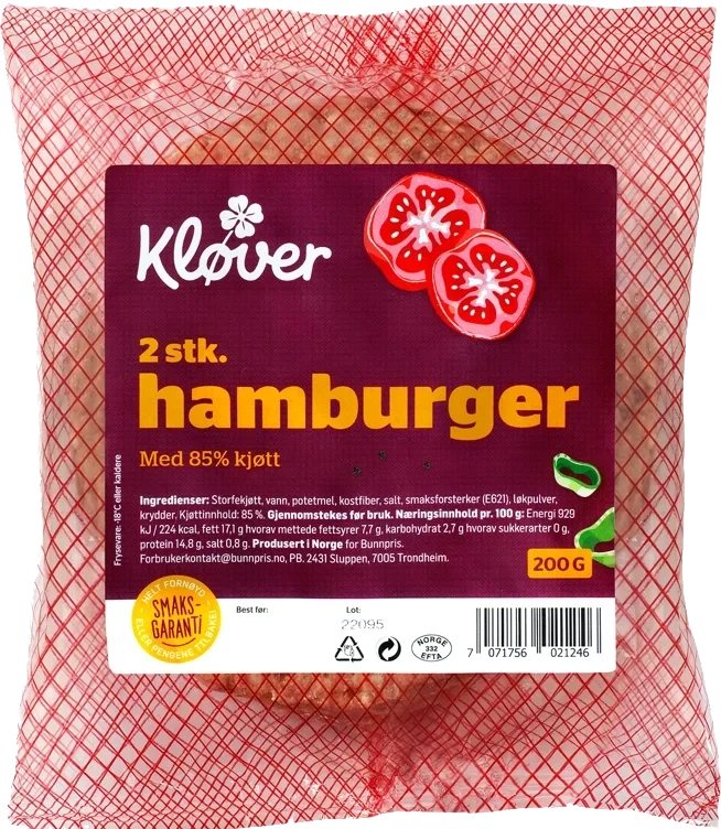 KLØVER HAMBURGER RÅ 85% 2 x 100 g frys