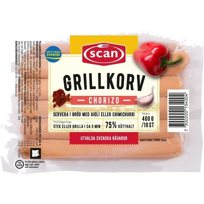 Grillkorv Chorizo 75% Kötthalt 400g Scan
