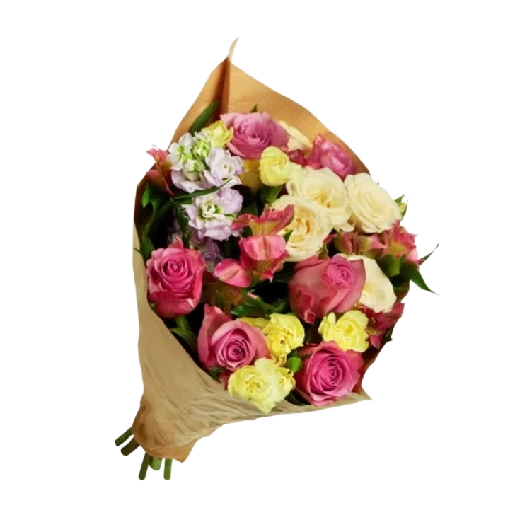 Helgebukett Roser Mattiola Alstromeria Grenroser